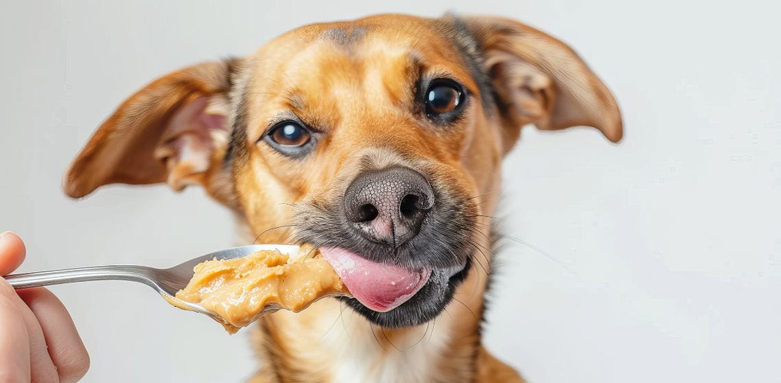 dog eats peanut butter