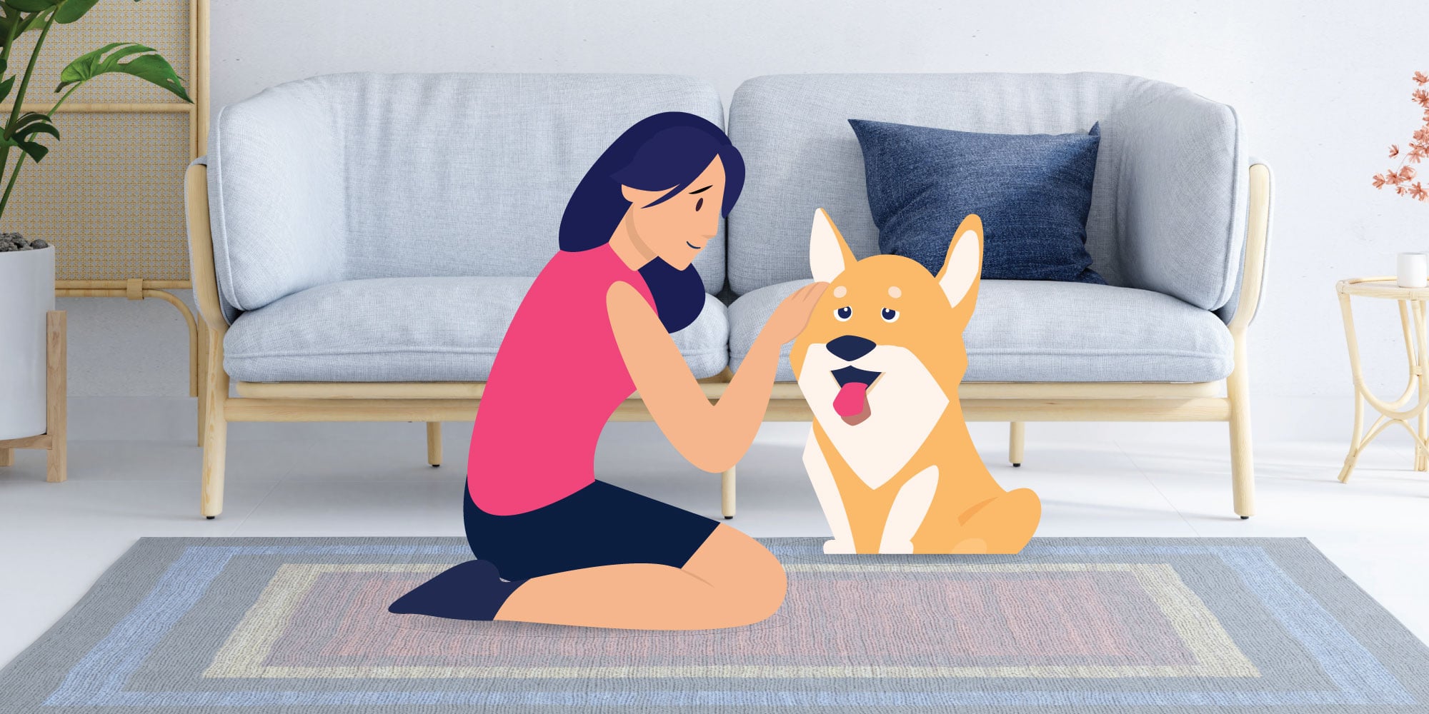 Woman petting her panting dog illustration