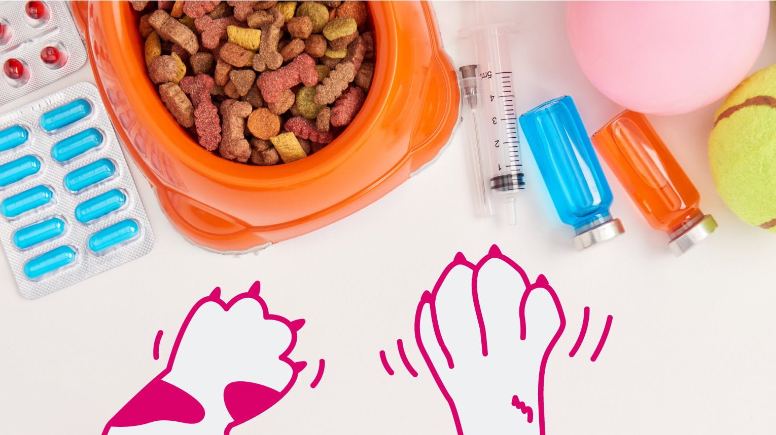 A cat and dog paw reaching for parasite preventative medications.