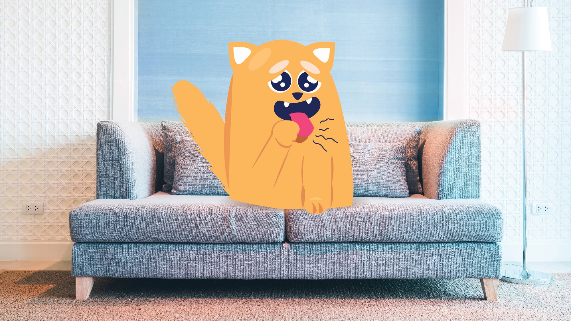 Cat coughing on a couch illustration