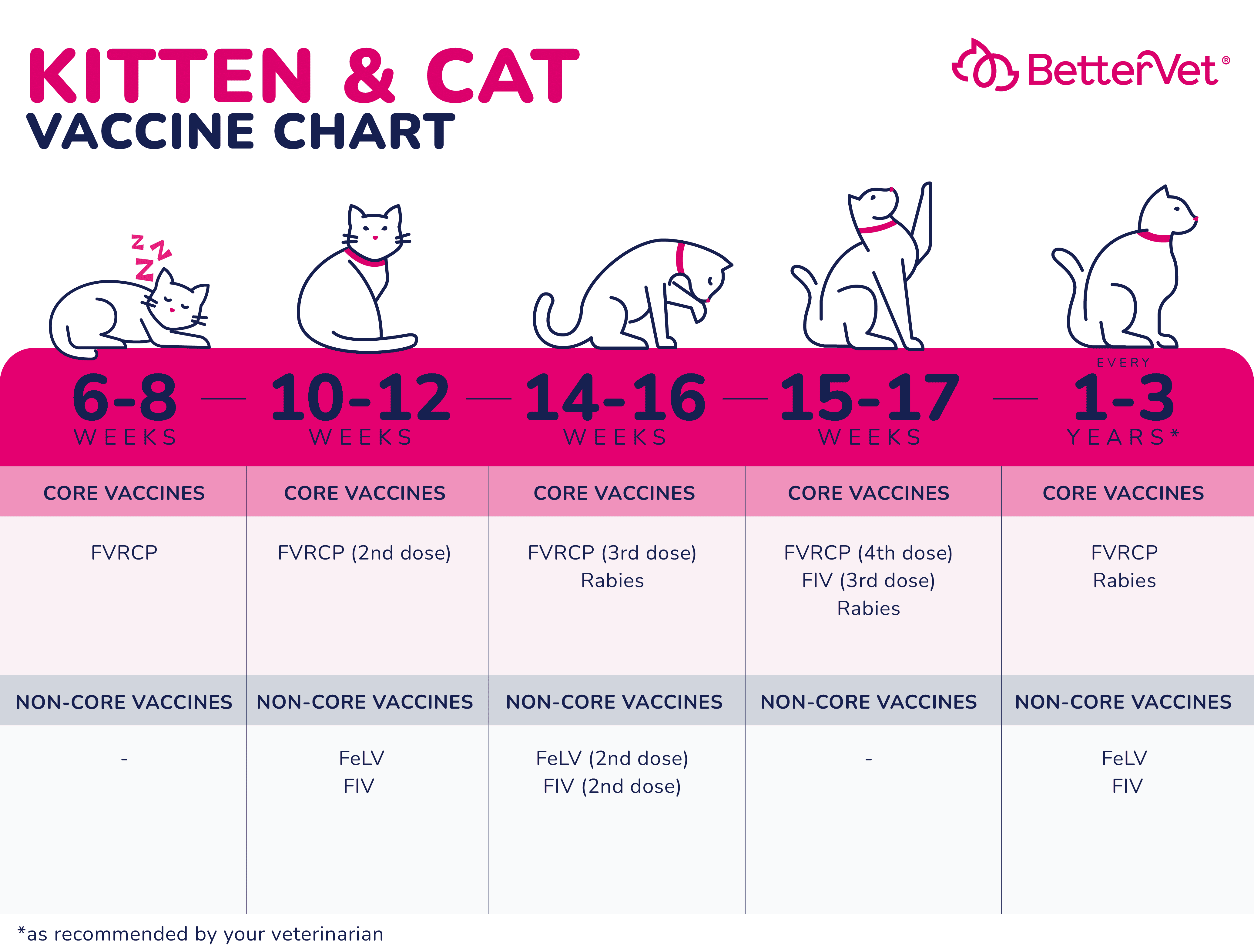 An infographic showcasing the appropriate vaccination schedule for both cats and kittens.