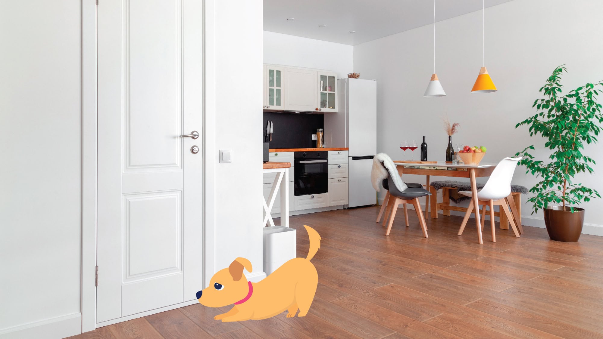 Dog nervously alone in living room illustration