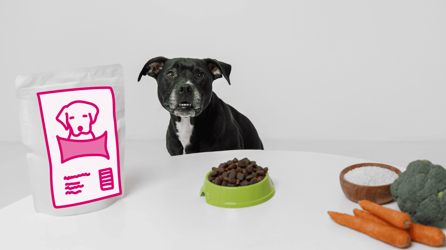 A dog sitting at the table about to eat food.