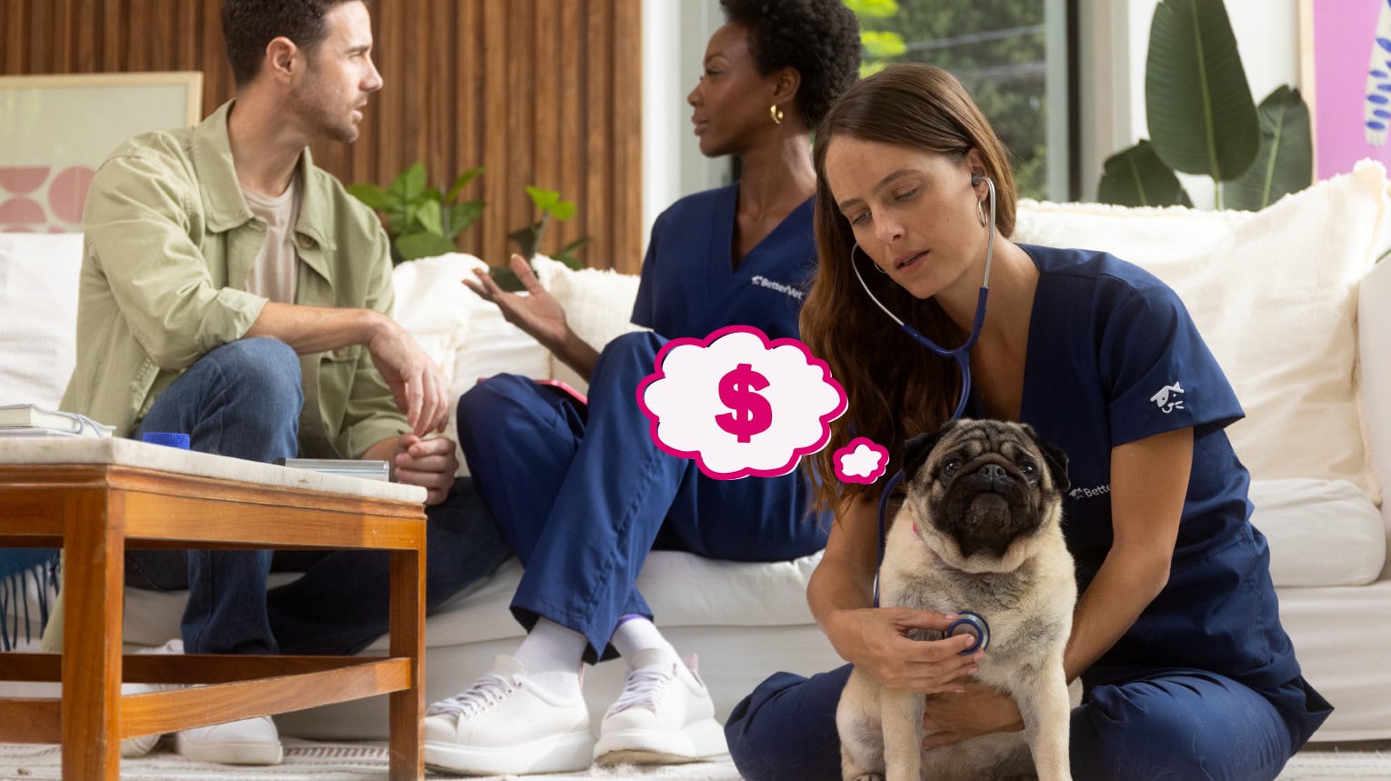 A mobile vet examining a pug with a money symbol in a thought cloud.