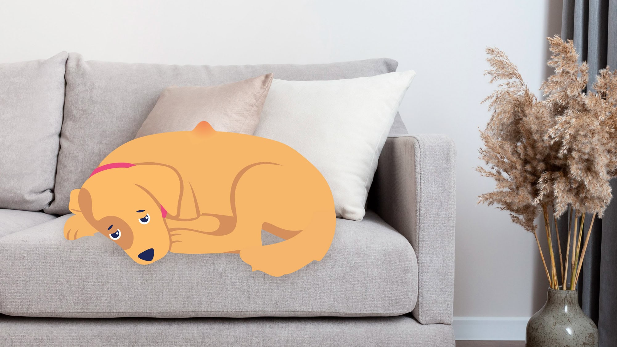 Sad dog laying in couch illustration