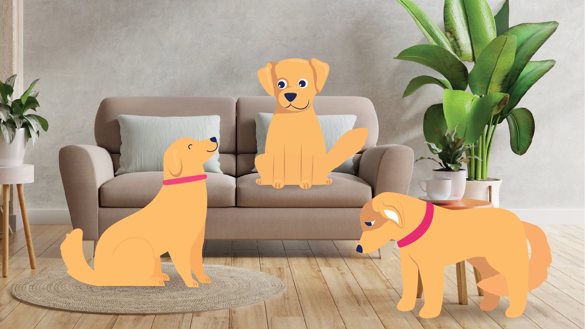 Three dogs in a living room illustration