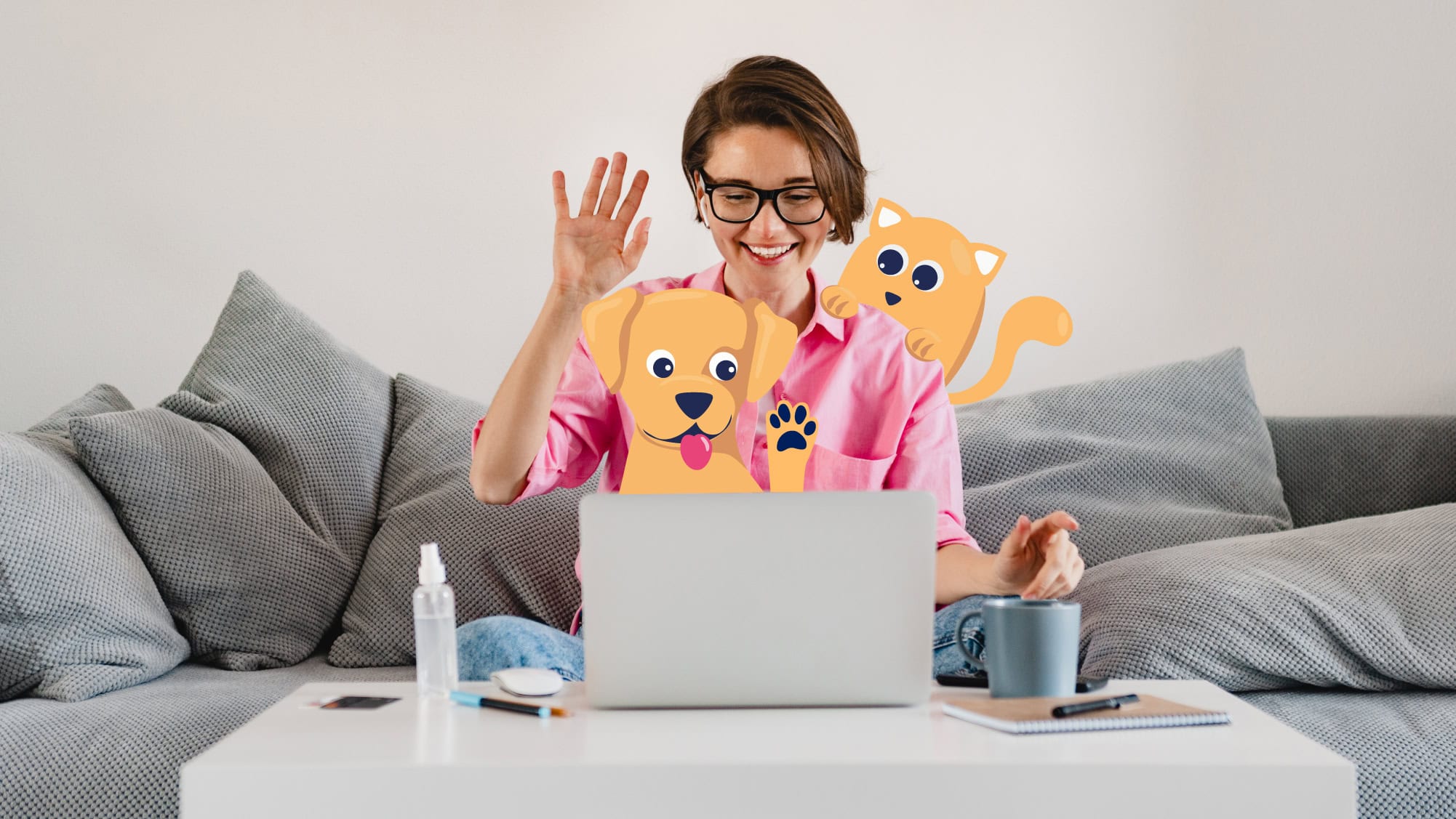 Woman with pets on laptop illustration