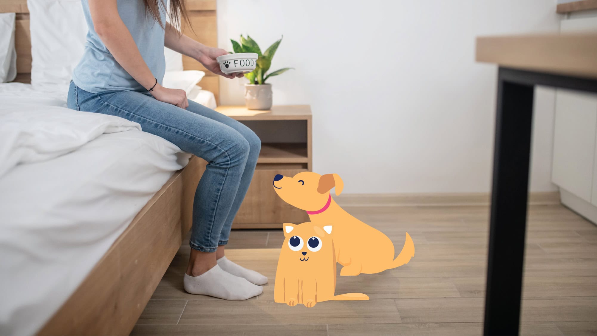 Woman with a bowl of food with cat & dog sitting illustration