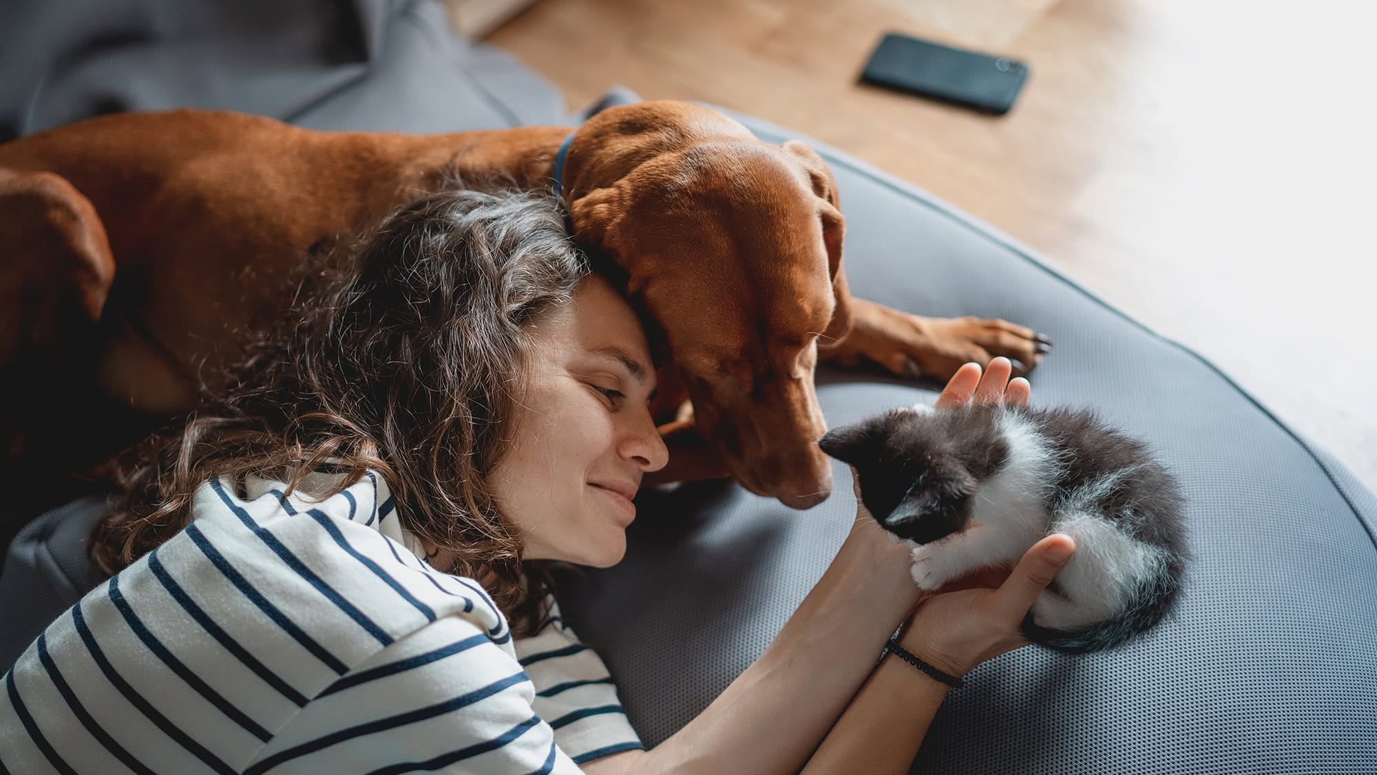 A woman with her dog and cat