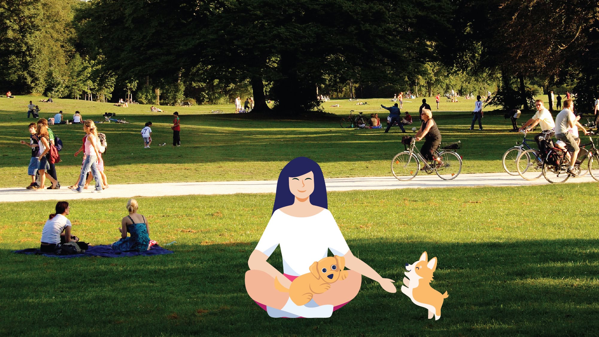 Woman with two puppies in the park illustration